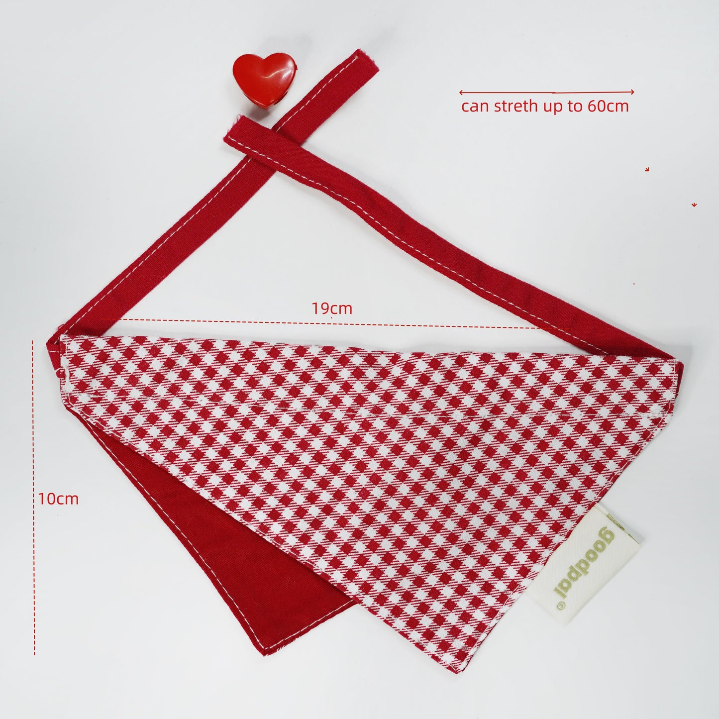 Red and white checkered dog bandana with measurements on a white background