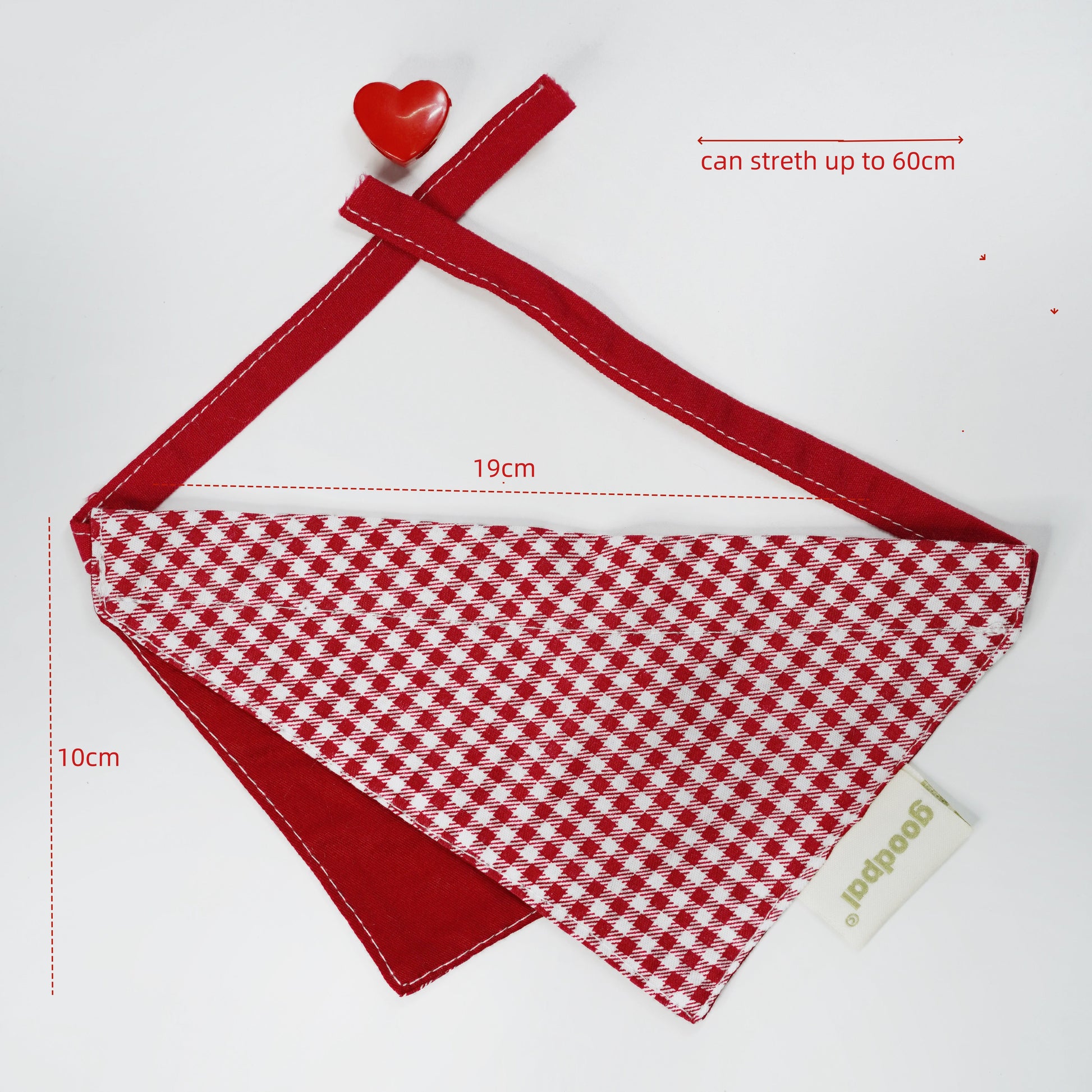 Red and white checkered dog bandana with measurements on a white background