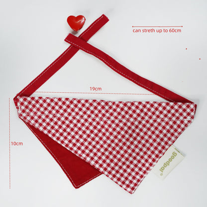 Red and white checkered dog bandana with measurements on a white background