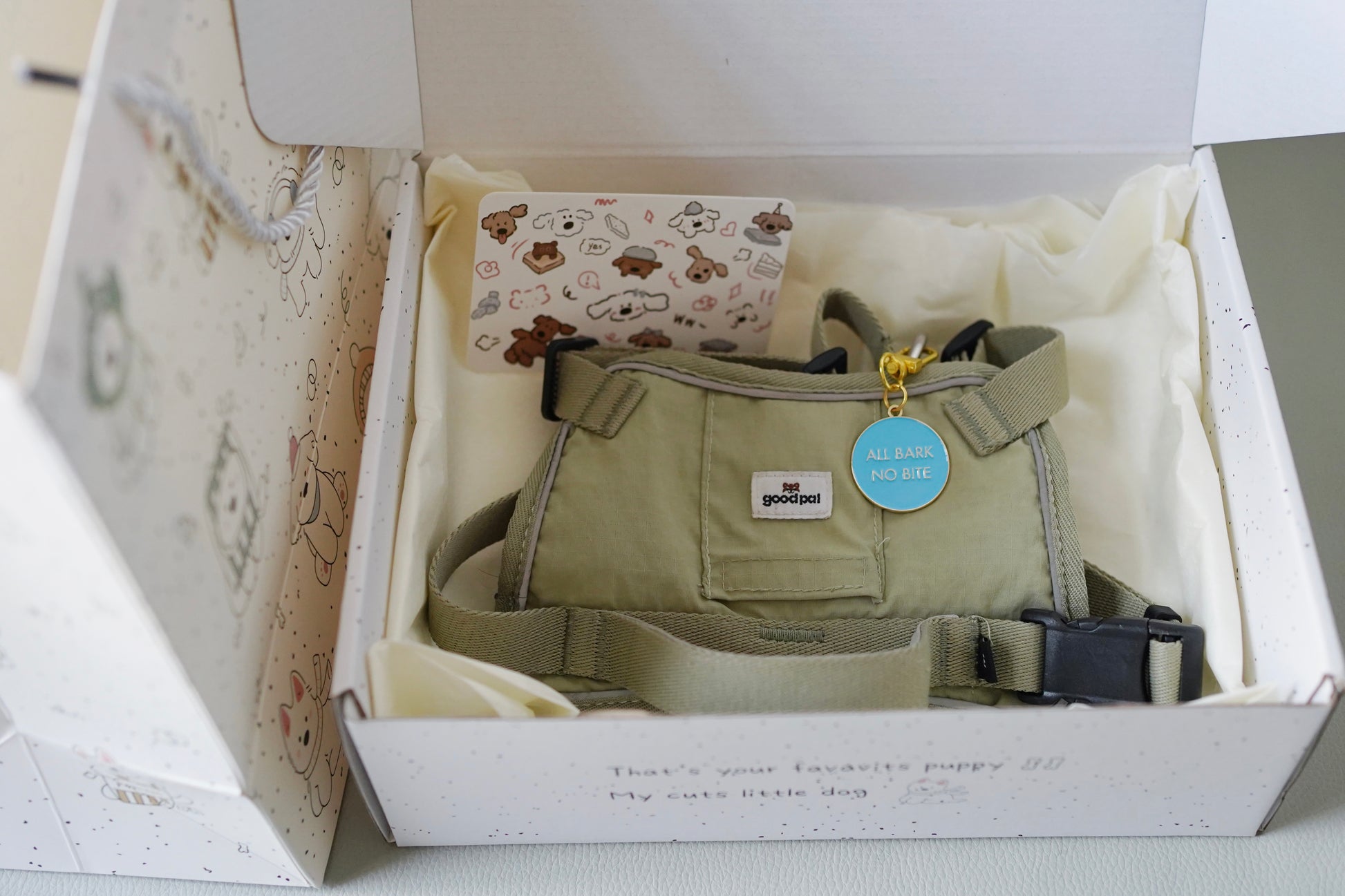 Green pet harness with a blue tag in an open box